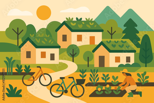 Village numbers tourist roofs characters no illustration vector full modern eco labels