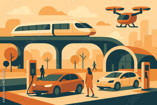 Vector labels futuristic vehicles style silhouettes transportation human flat design icon no