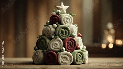 Christmas tree made from rolled towels arranged with ornaments attached,