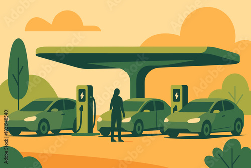 Charging electric futuristic speech flat icon multiple vehicles no text hub vector