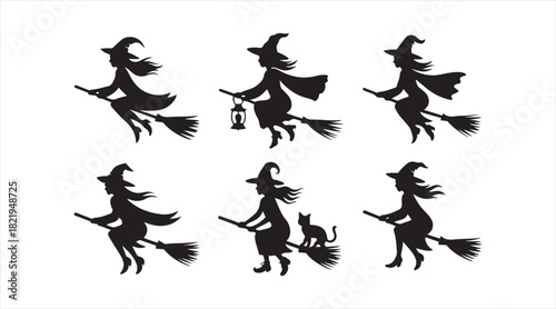 Set of Halloween witch silhouettes flying on broomsticks for festive fantasy illustration