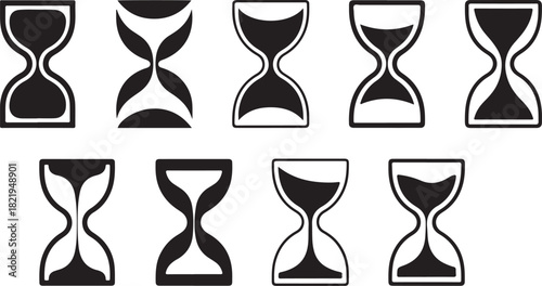 Assortment of hourglass icons with varying sand levels and stylized designs Keywords: hourglass, sand timer, time, measurement, countdown, deadline, timekeeping, duration, seconds, minutes, hours