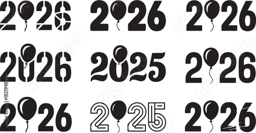 Assortment of New Year 2025 and 2026 typography with festive balloons and stencil designs Keywords: 2025, 2026, new year, celebration, balloon, party, stencil, typography, graphic, design, year