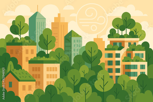 Rooftops text oasis concept urban any icon trees green geometric no vector