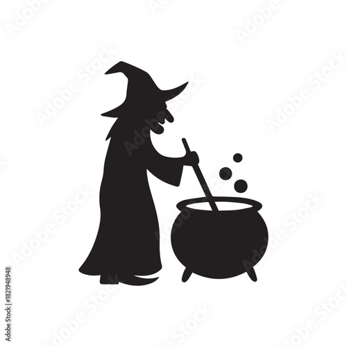 Silhouette of a witch stirring a bubbling cauldron with a pointed hat and long robe