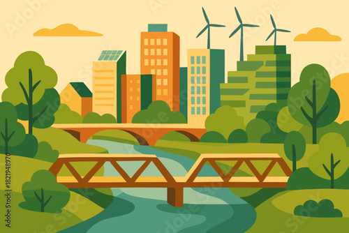 Modern urban vector river no eco cohesive sustainable icon flat geometric negative