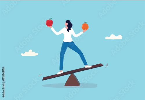 Comparison, decision to choose alternative choices, doubt or thoughtful compare good and bad things for best result, options concept, business woman compare orange and apple while balance on seesaw.