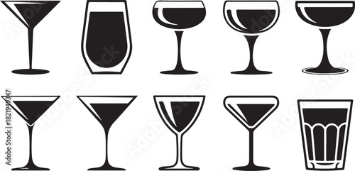 Assortment of Ten Different Cocktail and Drink Glasses in Silhouette cocktail glasses drinkware