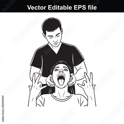 A man is examining a womans tongue and mouth, with her hands raised in a gesture of surprise or pain, isolated on white background