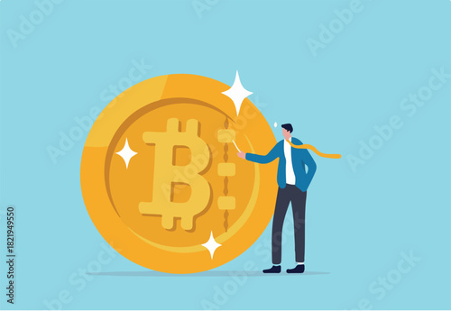 What is Bitcoin and blockchain technology, knowledge or crypto currency technology, blockchain class and education concept, businessman expert explain blockchain technology on golden Bitcoin coin.