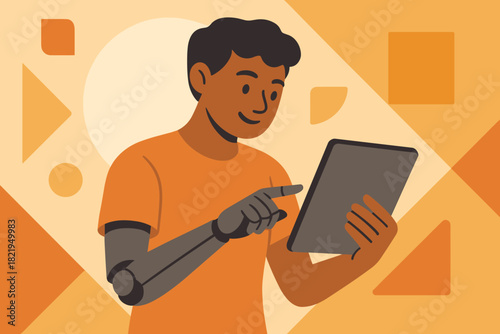 Innovation accessibility tech no letters enabled user tablet arm emojis negative vector