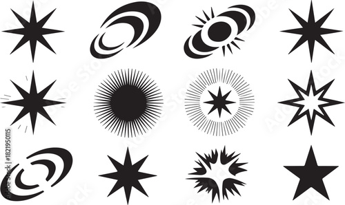 Collection of abstract shapes including starbursts and orbital elements Keywords: starburst, star, shape, abstract, graphic, design, element, icon, symbol, burst, radial, spiky, orbital, rings