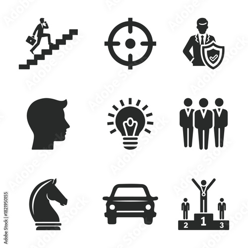 Set of leadership and success strategy icons for leadership courses, personal branding and success materials.