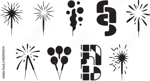 Collection of Black Sparkler and Abstract Graphic Icons on White Background fireworks celebration