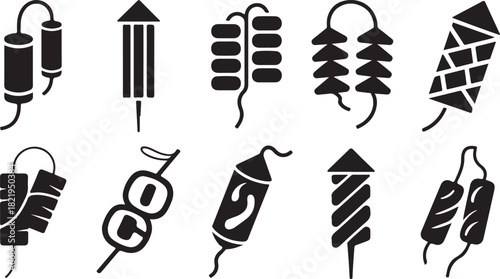 Collection of black firework icons and rocket silhouettes on a white background Keywords: firework, rocket, explosion, celebration, party, festival, display, pyrotechnic, fuse, sparkler, boom