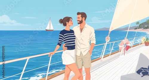 Couple strolling on the cruise ship deck with ocean views.Relaxing couple walk on the cruise ship.Romantic walk on the cruise deck, ocean backdrop.Traveling together on cruise ship, enjoying the view
