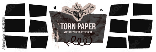 Set rough torn edge rectangle frame with jagged rip and tattered paper.