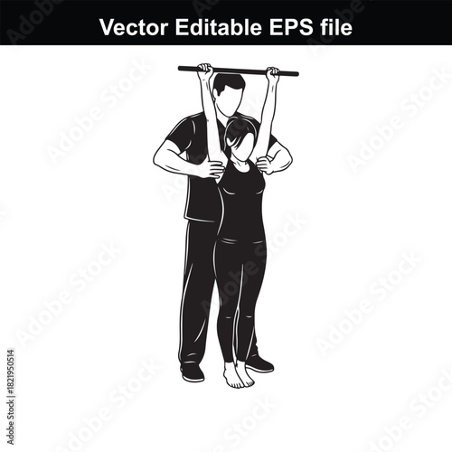 Two people exercising together, a man and a woman lifting a bar overhead in a gym or fitness studio, isolated on white background