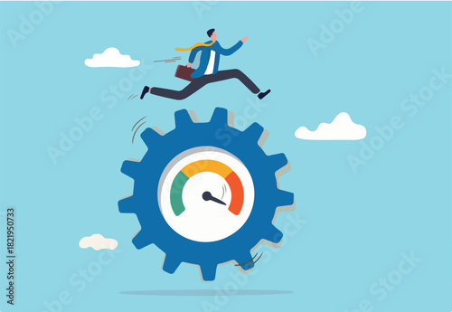Work performance evaluation, full efficiency or maximum productivity, ambition or motivation to growth in business concept, ambitious businessman running at full speed to rotate measure cogwheel gear.