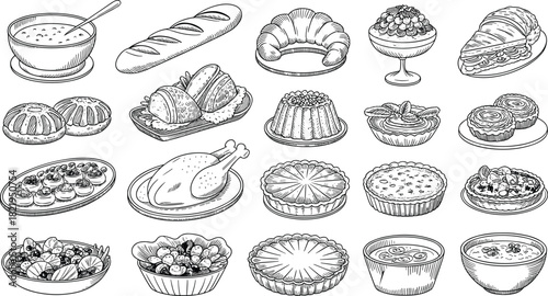 Food icon set, black and white illustration, desserts, meals, soup, cake, pie, salad, cartoon-style culinary symbols