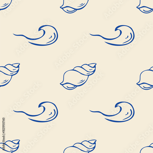 Seamless pattern with doodles seashells and waves