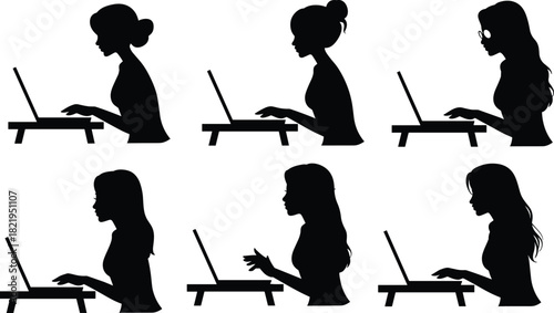 Women working on laptops, silhouette icons, remote work, desk posture, black illustration, office diversity, tech workspace