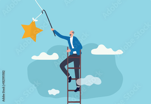 Retirement pension fund target, financial planning for retiree or success retirement life concept, elderly senior retired man climbing up ladder to the top high into the sky to grab the star.