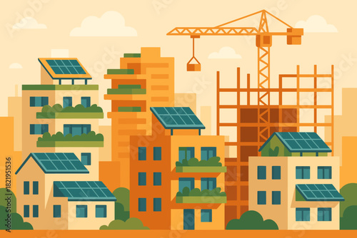 Urban icon construction cohesive solar minimal labels colors flat sustainable vector growth