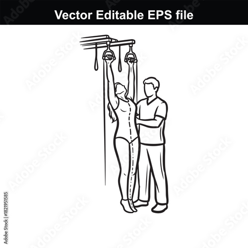 Illustration of a woman performing a gymnastic exercise on rings with a trainer standing nearby, isolated on white background