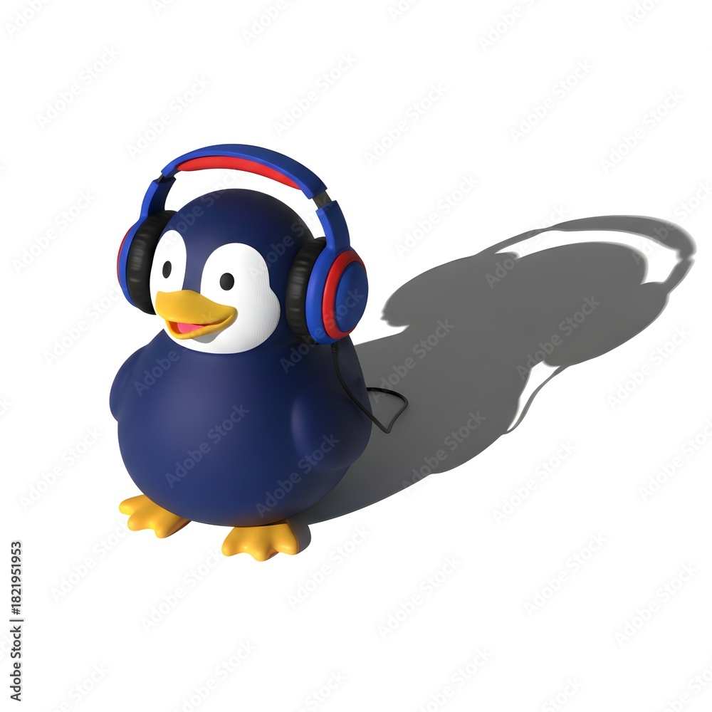 Obraz premium A 3D-rendered cartoon penguin wearing blue and red headphones stands on a white surface, casting a long shadow to the right.