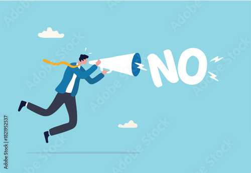 Learn to say no, leadership skill to manage workload, refuse to do wrong thing or time management concept, confidence businessman speak out loud on megaphone to his boss with the word No. 