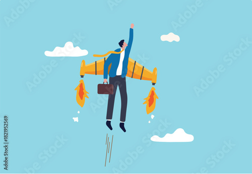 Ambition or aspiration to success in work, career growth or boost business development, entrepreneur launch new startup project concept, happy businessman flying high with jetpack rocket booster.