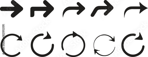 Black arrow icons in circles. Arrows point in various directions. Circular arrow icons for navigation. Grunge Hand Drawn Media Control Icon Set.