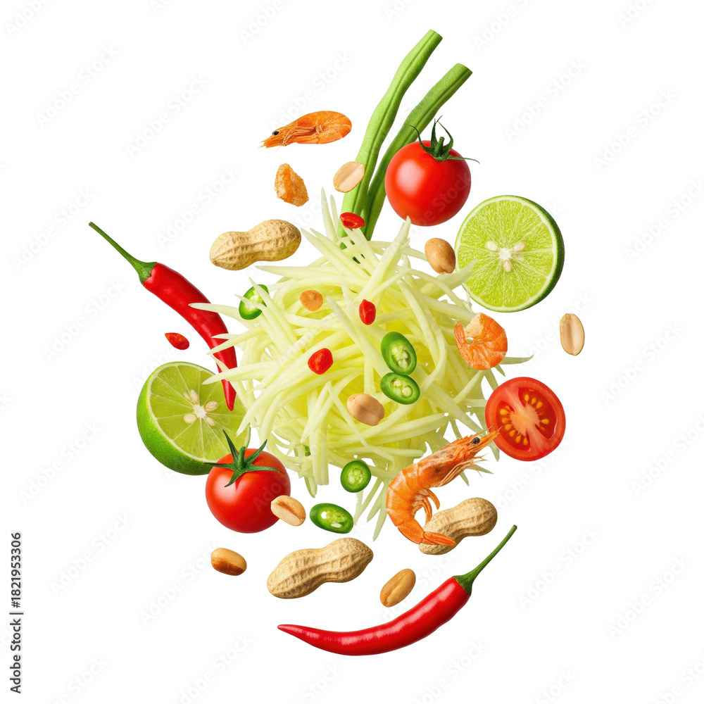 Naklejka premium Exploding Ingredients For Spicy Thai Papaya Salad Som Tum