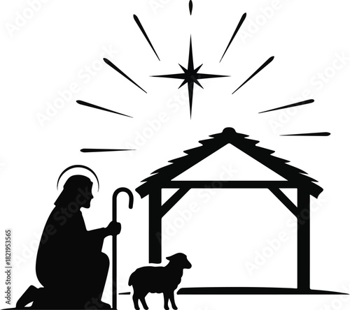 Sacred Silhouette: A serene depiction of a religious figure kneeling, a lamb, and an open structure beneath a radiant star, evoking reverence and faith.