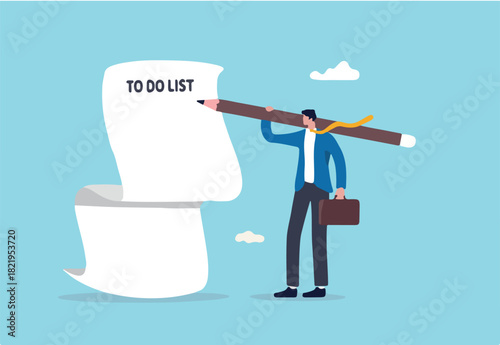 Long to do list, overload tasks and responsibility or productivity and efficiency management concept, smart confident businessman carrying big pencil thinking to write many to do list on long paper.