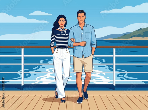 Couple enjoying the view from a cruise deck. Relaxing and strolling on a cruise ship. Sailing away together on a luxury cruise. Couple enjoying ocean views on a cruise ship