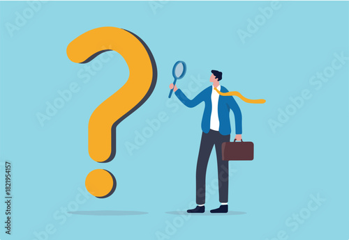 Problem and root cause analysis, research and leadership skill to find solution or answer for business problem concept, smart businessman analyst using magnifying glass to analyze question mark sign
