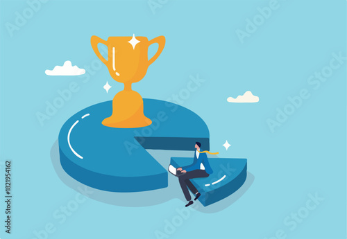Pareto principle, 80 to 20 rule or work efficiency, minimal effort for big outcome, productivity to generate great result concept, businessman working on 20 percent pie chart with trophy on 80 part