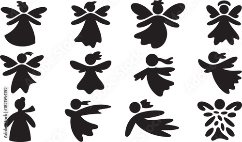 Collection of Twelve Black Silhouette Angel Figures in Different Poses Keywords: angel, silhouette, figure, illustration, graphic, design, element, collection, set, Christmas, holiday, religious