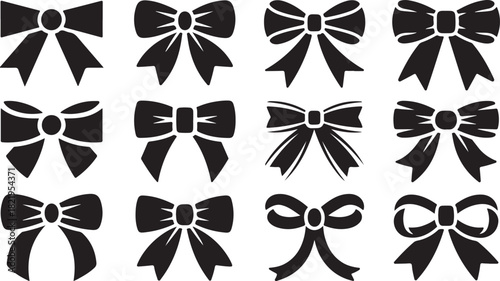 Collection of twelve black silhouette bow tie and ribbon designs on a white background Keywords: bow, ribbon, gift, present, decoration, celebration, party, wedding, birthday, anniversary