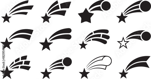 Collection of Twelve Black Stylized Shooting Star Icons on White Background Keywords: shooting star, comet, meteor, streak, trail, celestial, icon, symbol, graphic, design, element, silhouette