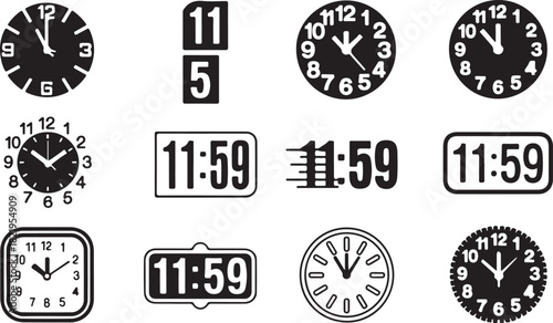 Collection of various clock faces and digital time displays showing 1159 Keywords: clock, time, 1159, digital clock, analog clock, timepiece, watch, numbers, numerals, dial, hands, hour, minute