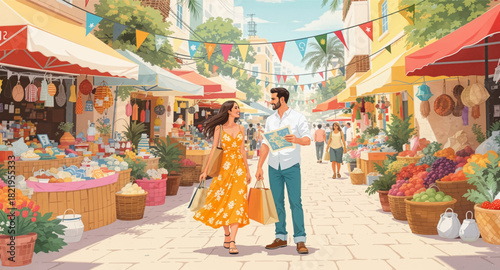 Couple exploring vibrant market streets together.
Romantic stroll through a colorful local market.Couple enjoying shopping and sightseeing in a lively market.Summer market scene with a happy couple