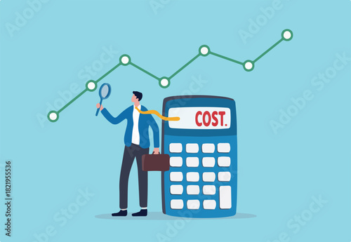 Cost management or expense analysis, business strategy to analyze and reduce cost to gain more profit concept, smart businessman using magnifying glass to analyze cost chart with calculator.