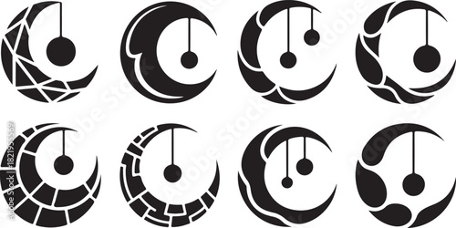 Eight Abstract Black Silhouette Icons of Crescent Moons with Geometric and Organic Designs Keywords: moon, crescent, silhouette, abstract, black, icon, symbol, design, graphic, illustration, art