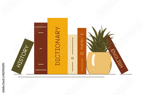 Books stack with a potted plant. Vector illustration