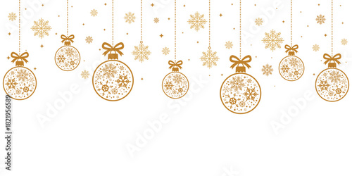 Elegant Christmas header or banner design featuring a line of hanging golden/bronze ornaments and snowflakes along the top edge. The festive border on a white background leaves large copy space below 