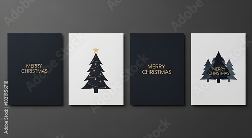 Elegant minimalist christmas card set with dark blue and white designs, golden merry christmas text, and stylized christmas trees, for holiday