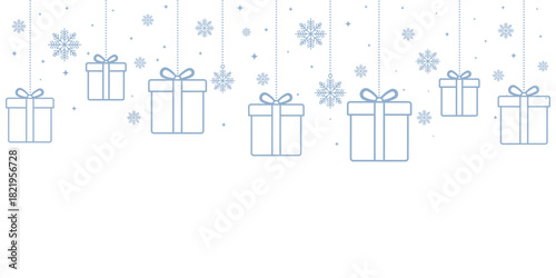 Minimalist Christmas header or banner design featuring a border of hanging blue outline gift boxes and snowflakes.
